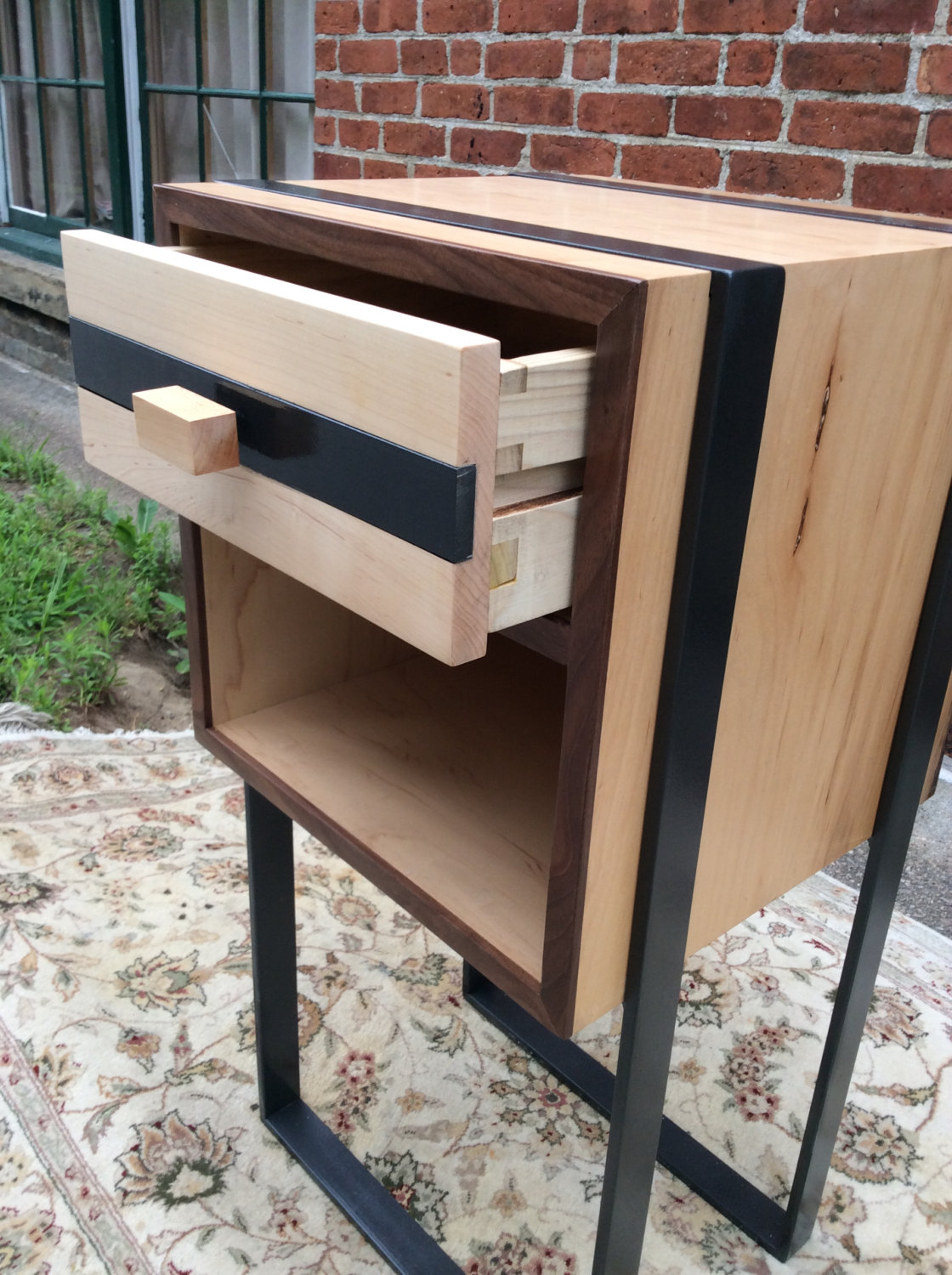 Custom Night Stands, Made to Order, Walnut and Maple with steel straps