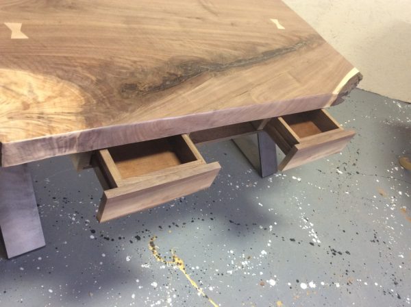 Live edge Walnut coffee Table with drawers and flat steel X base – Studio 4